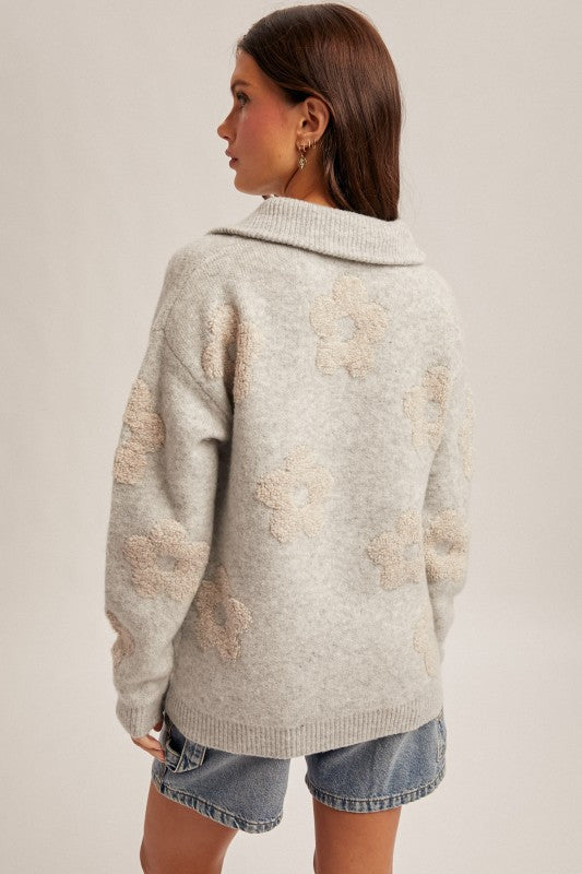 Grey / Taupe Floral Quarter Zip Sweater