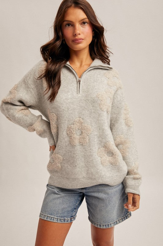 Grey / Taupe Floral Quarter Zip Sweater
