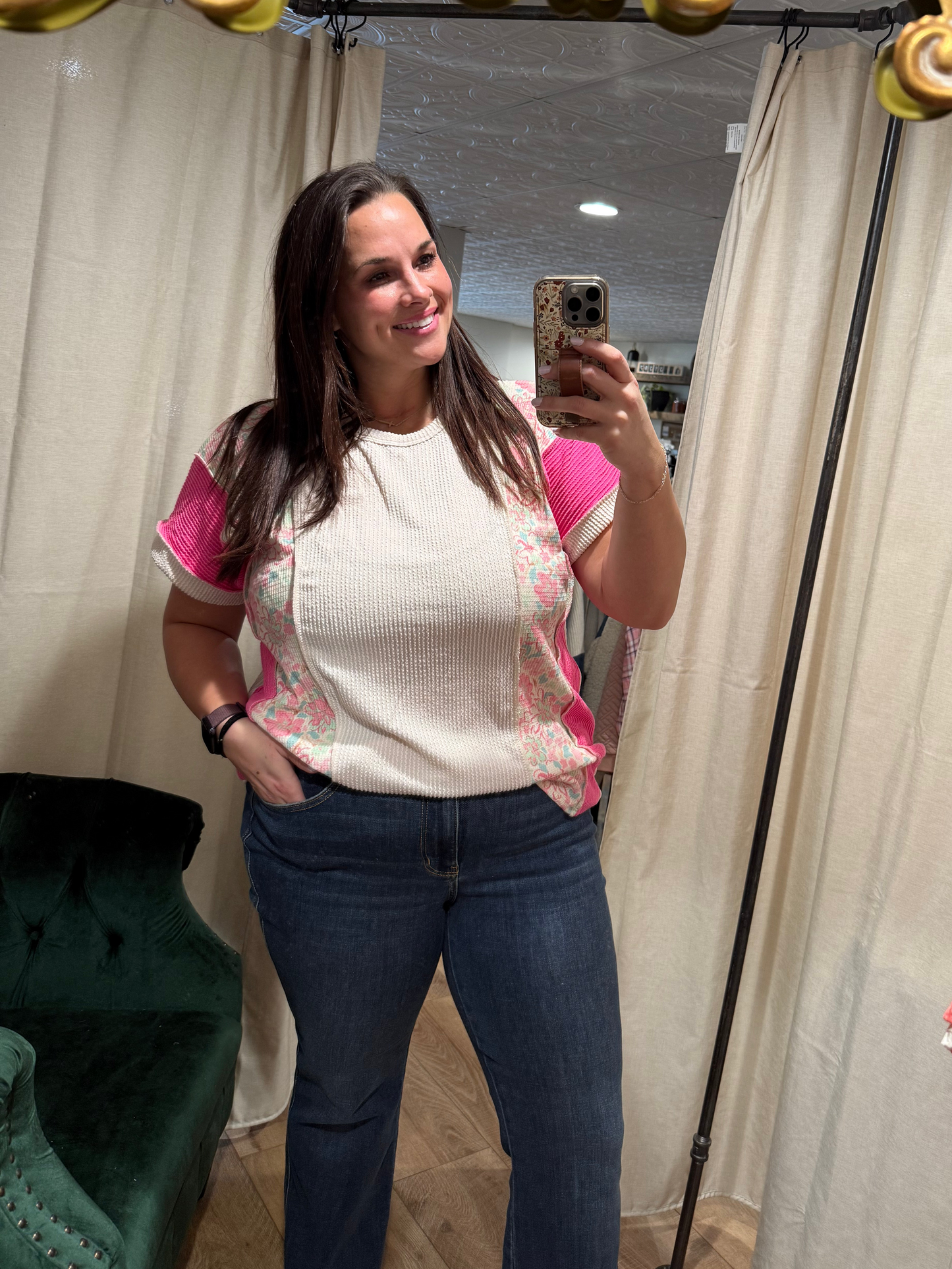 Oatmeal / Fuchsia Floral Short Sleeve