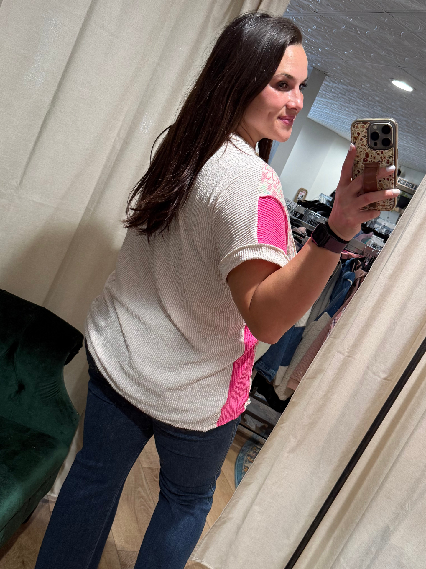 Oatmeal / Fuchsia Floral Short Sleeve