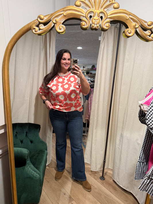 Coral Floral Ribbed Short Sleeve