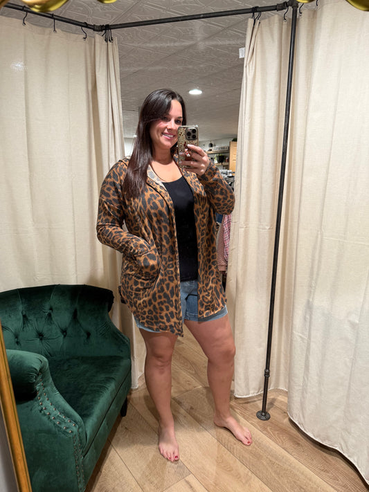 Brown Leopard Ribbed Hooded Cardigan