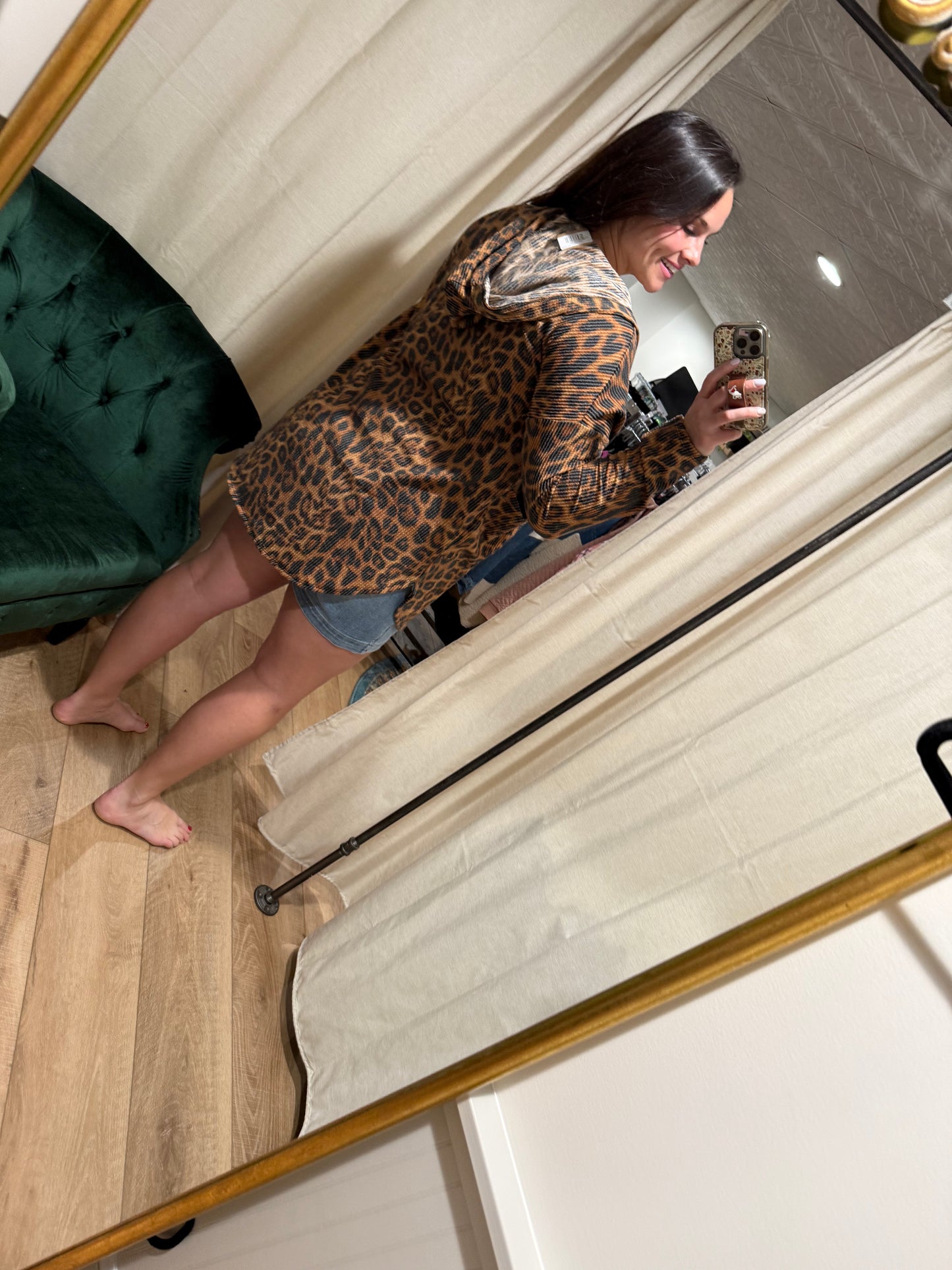 Brown Leopard Ribbed Hooded Cardigan