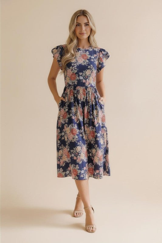 Navy Floral Dress with Pockets