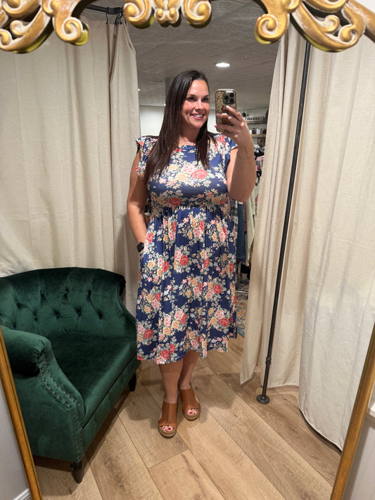 Navy Floral Dress with Pockets