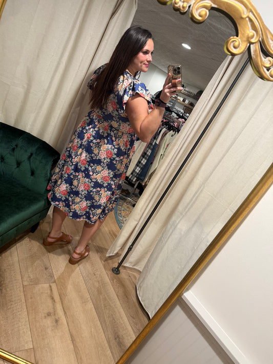 Navy Floral Dress with Pockets