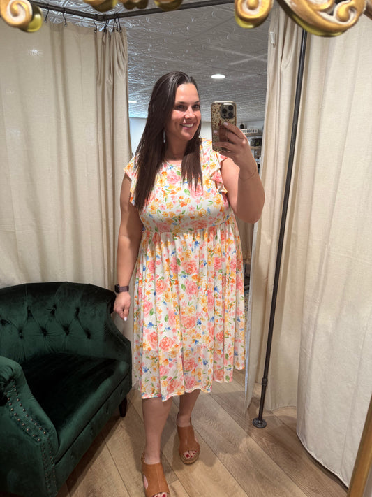 Coral Floral Midi Dress