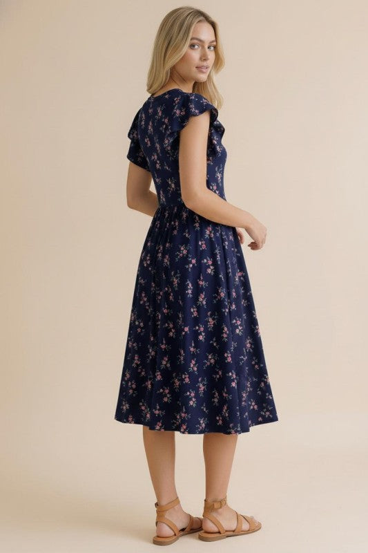 Navy Floral Dress with Pockets