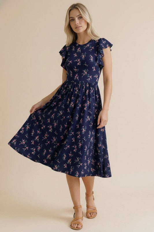 Navy Floral Dress with Pockets