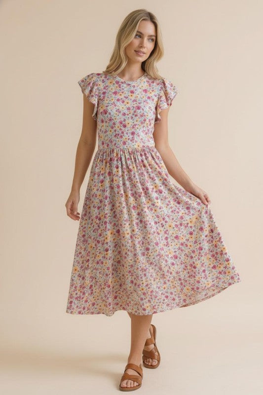 Mint/ Fuchsia Floral Dress with Pockets