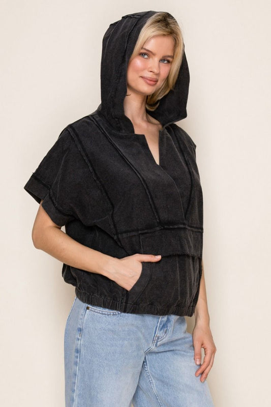 Black Mineral Wash Short Sleeve Hoodie