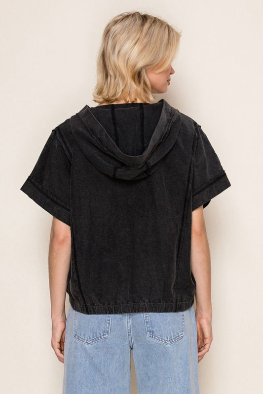 Black Mineral Wash Short Sleeve Hoodie