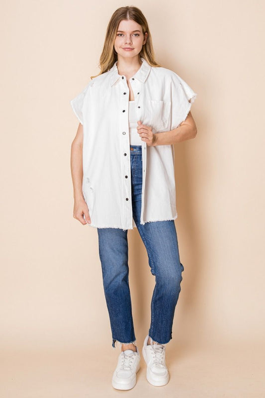 Ivory Distressed Short Sleeve Button Up