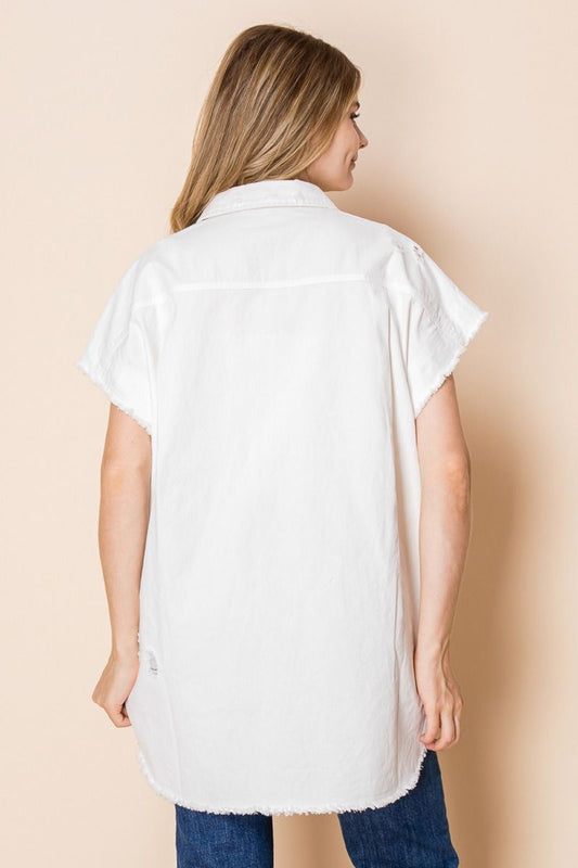 Ivory Distressed Short Sleeve Button Up