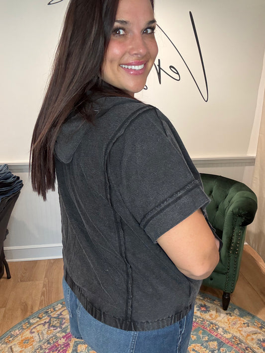 Black Mineral Wash Short Sleeve Hoodie