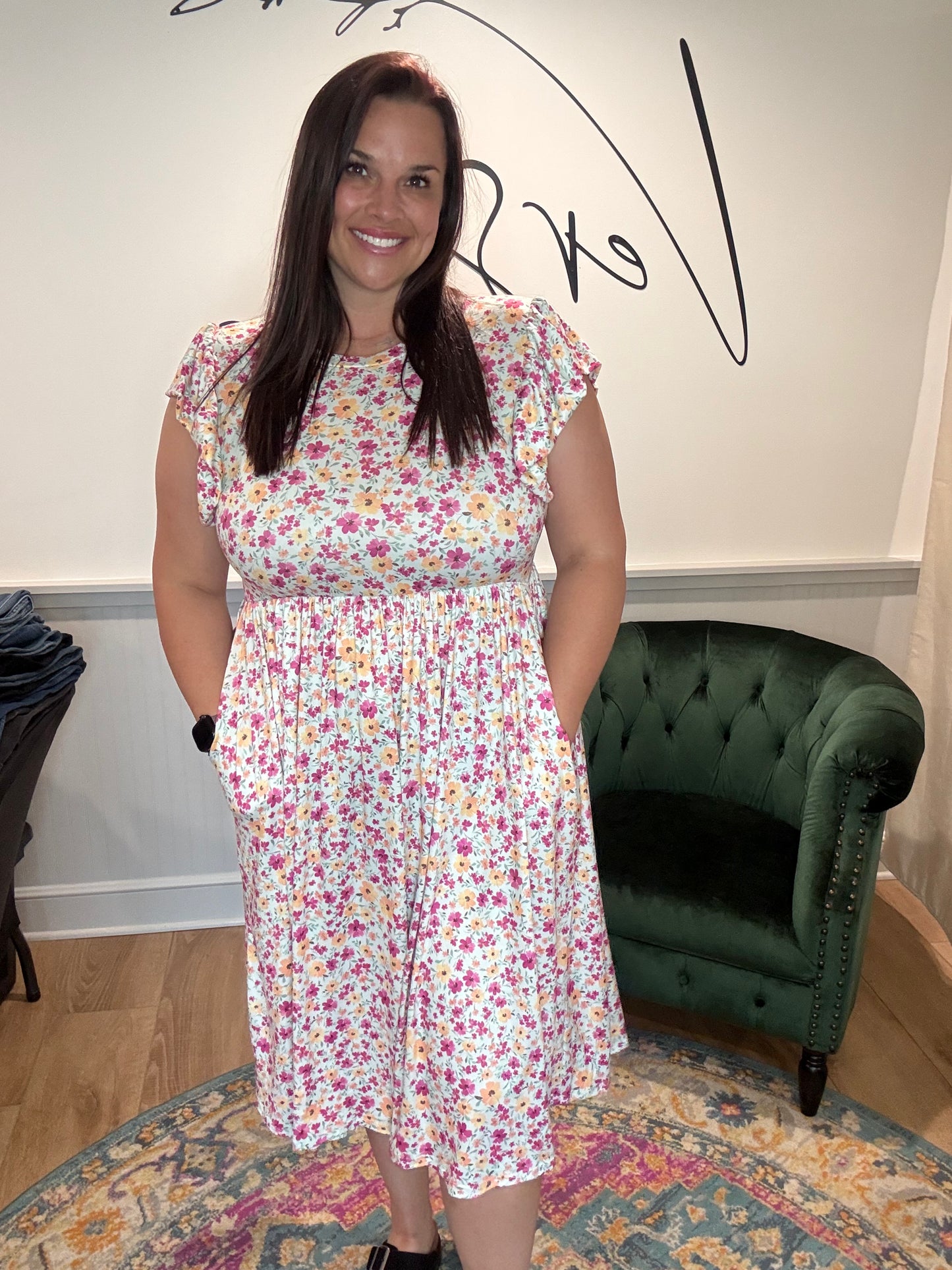 Mint/ Fuchsia Floral Dress with Pockets