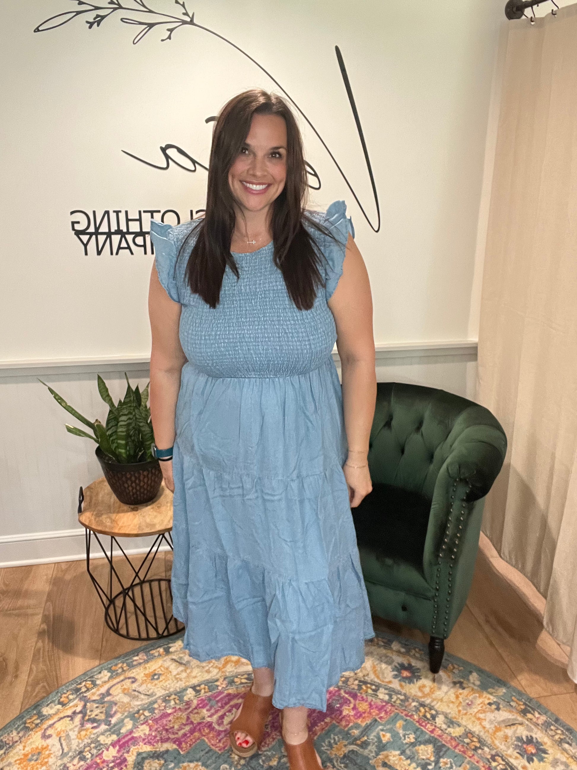 Chambray Smocked Tiered Dress Versa Clothing Company Chambray Smocked Tiered Dress Versa Clothing Company