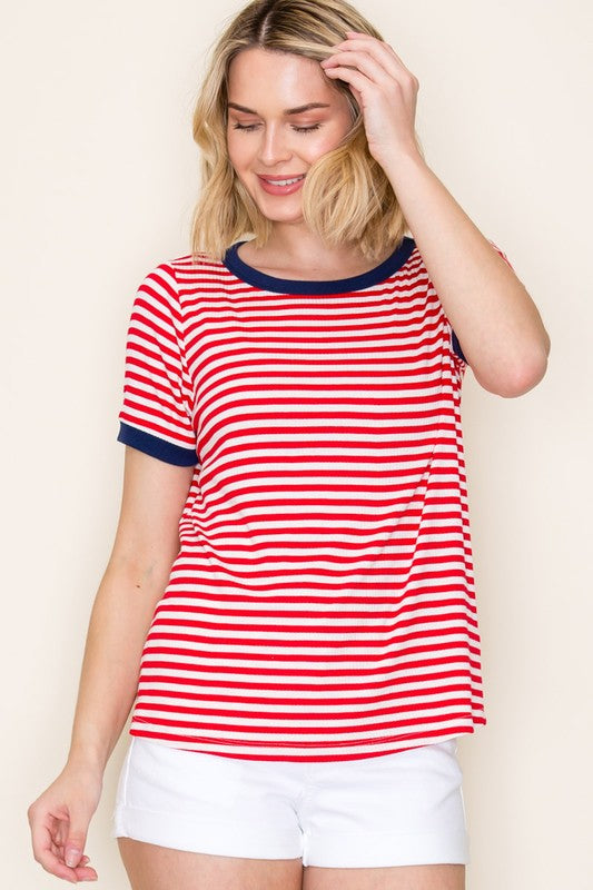 Red Stripe with Navy Trim Short Sleeve