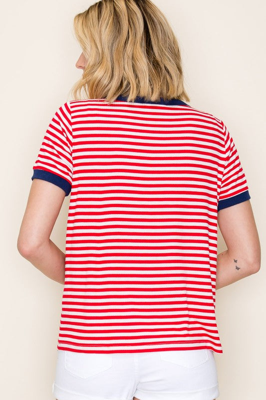 Red Stripe with Navy Trim Short Sleeve