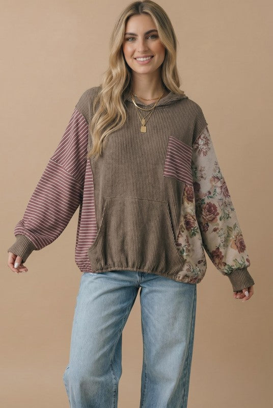 Mocha & Floral Patchwork Hoodie