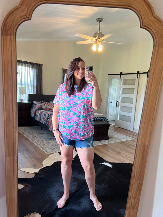 Pink / Teal Floral Short Sleeve