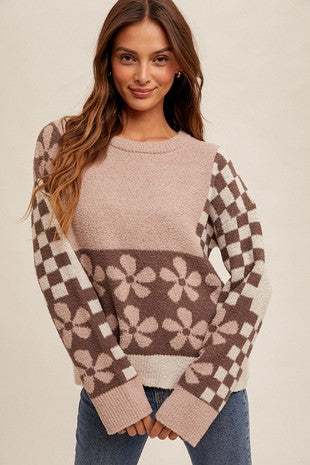 Pink / Brown Floral Checkered Sweater