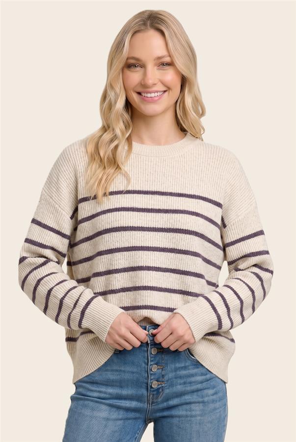 Staccato Oatmeal / Purple Stripe Knit Sweater