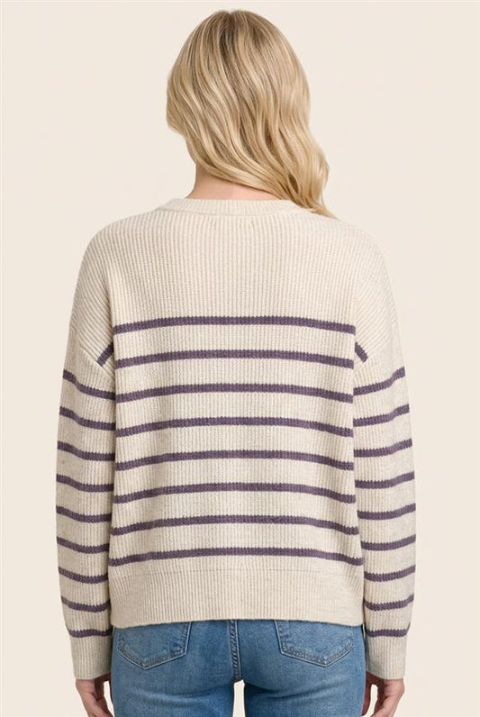 Staccato Oatmeal / Purple Stripe Knit Sweater