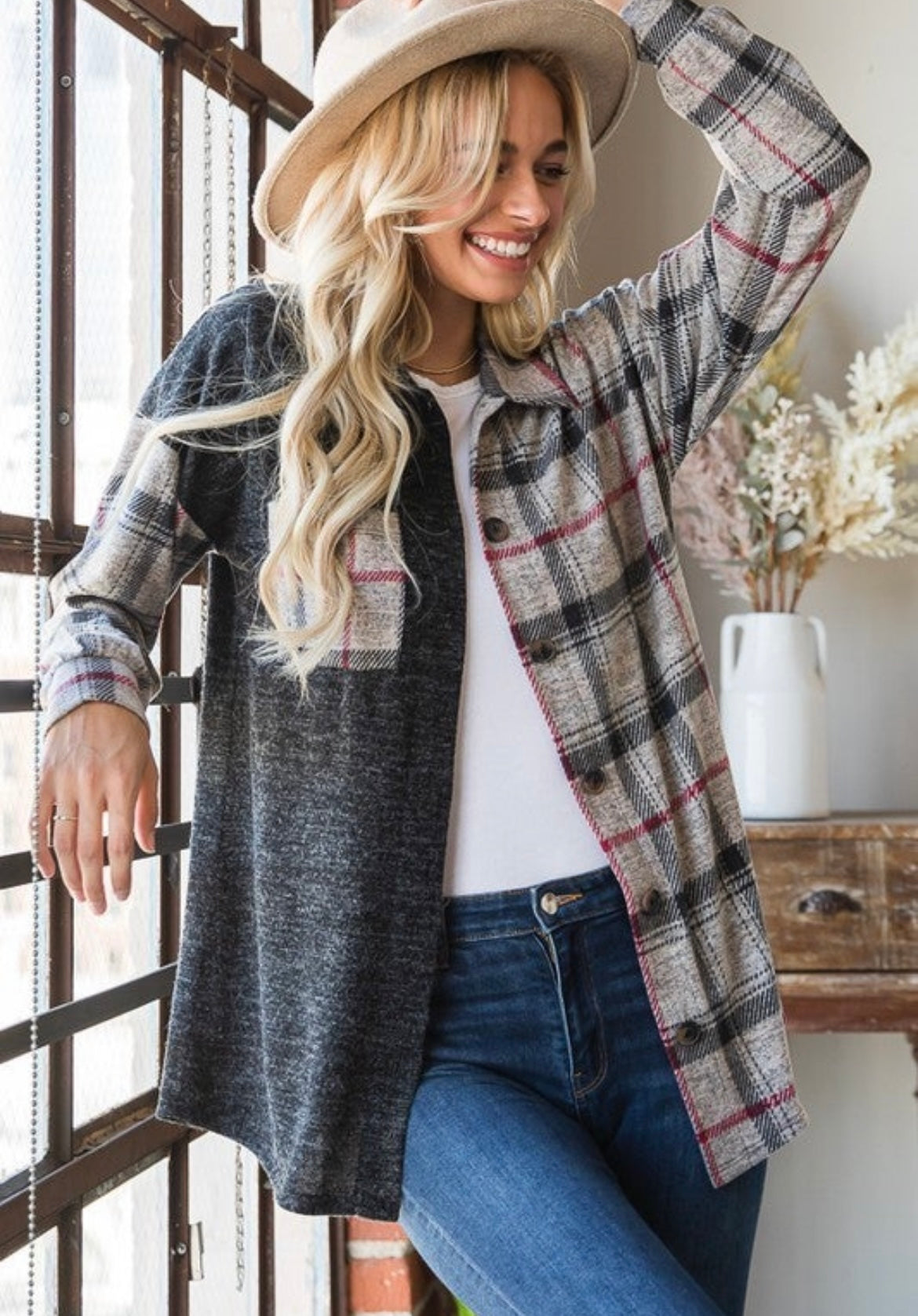 Charcoal/ Red Plaid Button Up