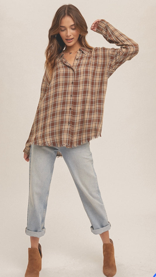 Brown Plaid Distressed Button Up