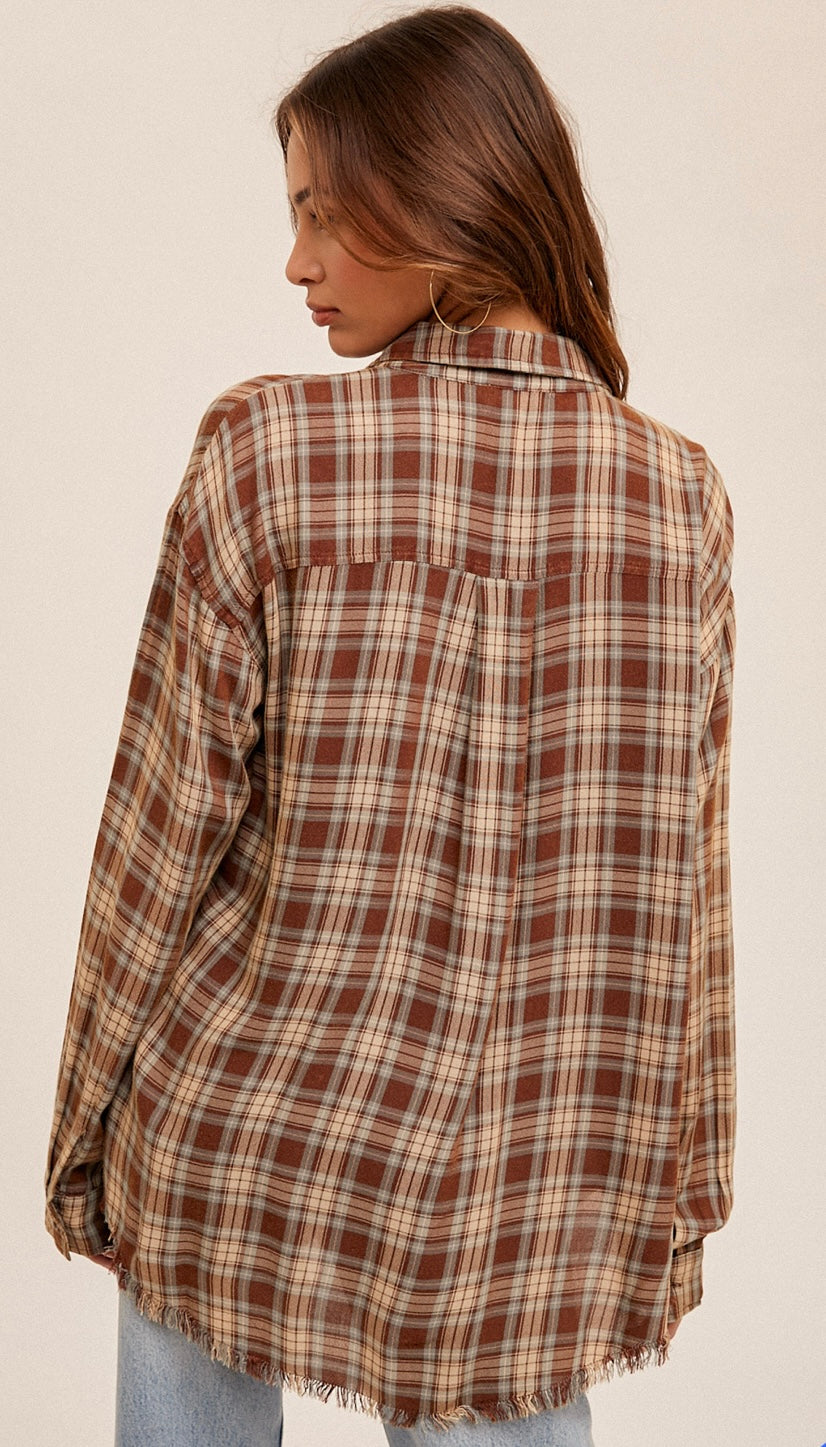 Brown Plaid Distressed Button Up