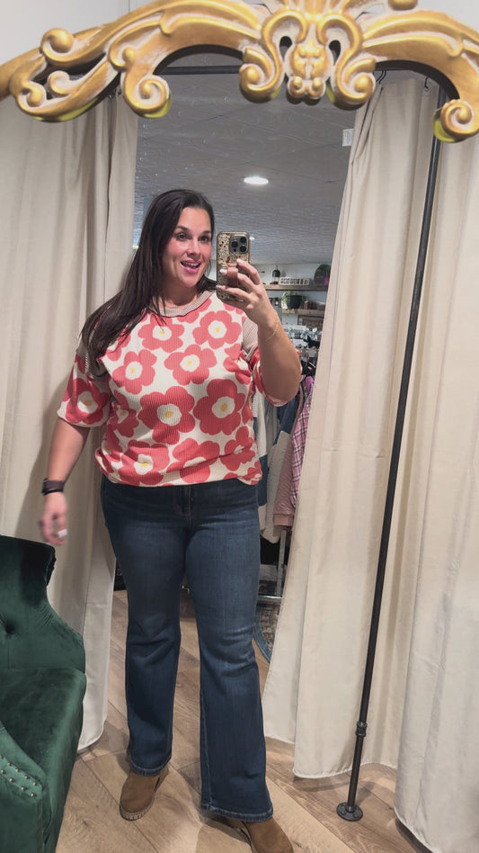 Coral Floral Ribbed Short Sleeve