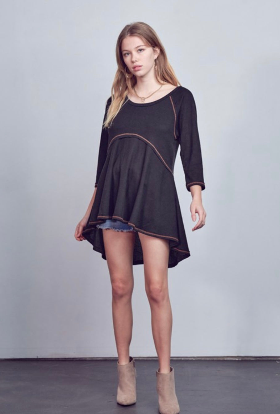 Black High-Low Tunic with Brown Stitching